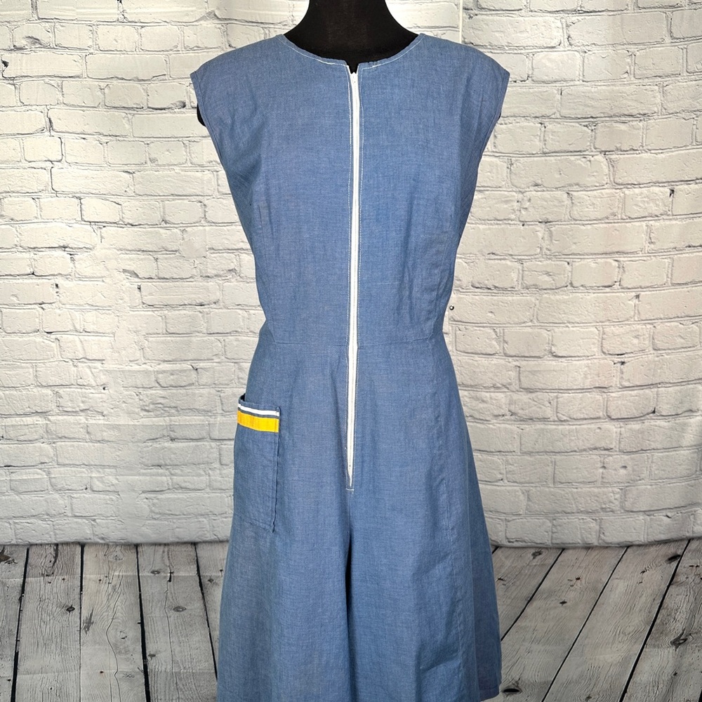 Vintage Volup 70s Denim Romper Sexy Zip Front Stripe Pockets Blue Yellow Plus 1X